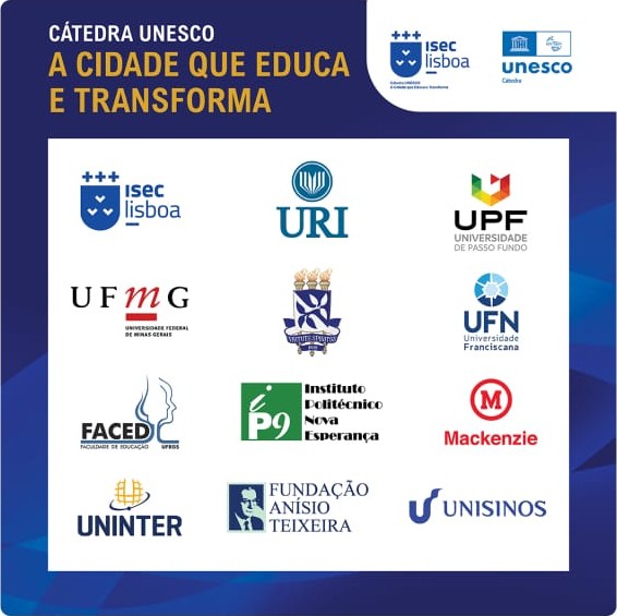 Quadro de marcas da Cátedra UNESCO UniTwin — A Cidade que Educa e Transforma, com instituições parceiras